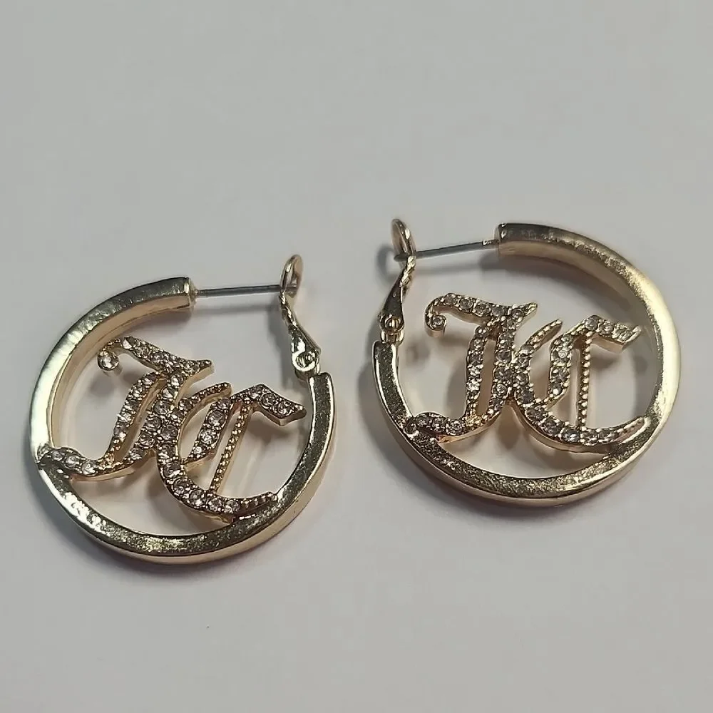 Juicy Couture Jewelry Gold Hoop Earrings Crystal Pave Logo JC  Clear Rhinestones